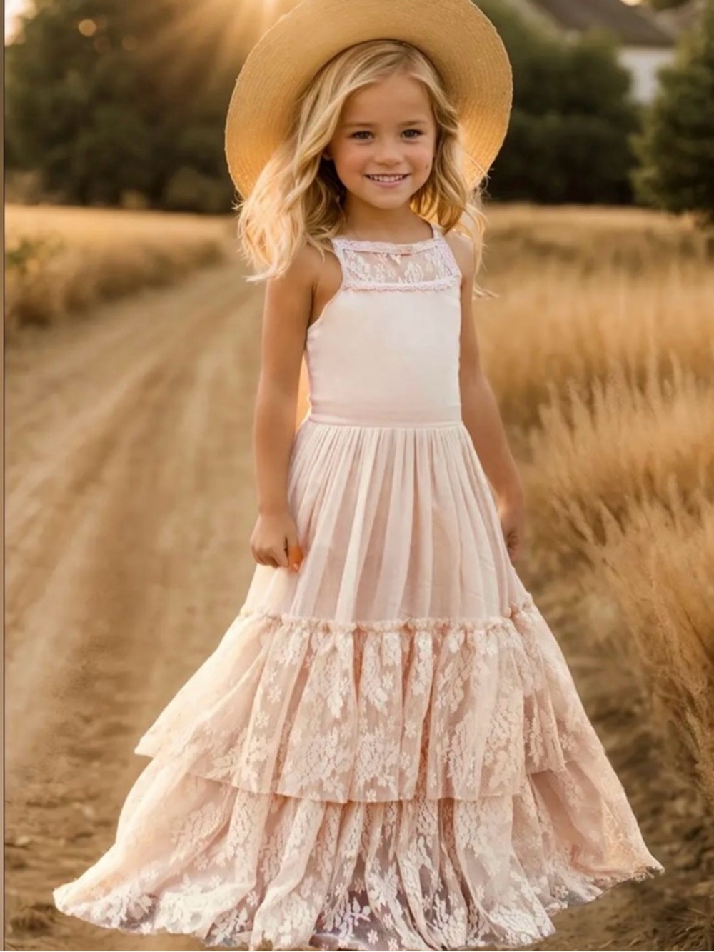 Joyfolie Girls Lace Tiered Maxi Dress in Blush